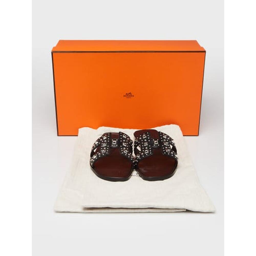 Hermes Black Box Leather Studded Oran Sandals 39.5 sz - Picture 2 of 5